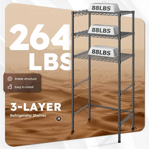 Miniatura 4 de REIBII Mini estante para refrigerador de 3 niveles con almacenamiento, estantería de metal de 264 libras con 8 ganchos, organizador de altura