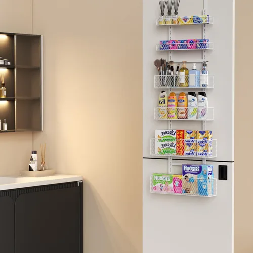 Miniatura 8 de Bunoxea Organizador de despensa de 6 niveles para colgar sobre la puerta, estante de especias colgante con cesta ajustable, estantes para colocar