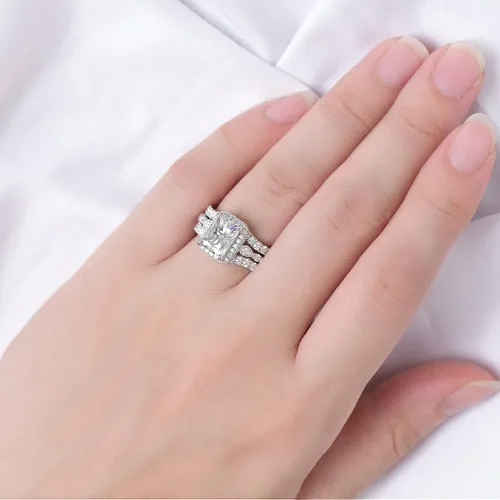 Miniatura 4 de DovEggs Anillo de compromiso con halo oculto de moissanita de plata de ley de 3 quilates de 0.276 x 0.354in G-H-I con detalles para mujer, moissanita
