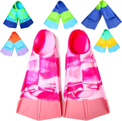 Miniatura 25 de Aletas de Natación para Niños, Aletas Cortas Cómodas para Natación de Vueltas y Entrenamiento para Niños, Niñas, Niños, Principiantes Azul y lima