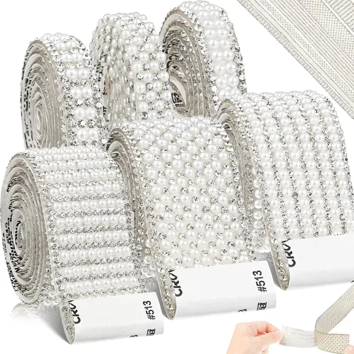 Miniatura 8 de WILLBOND Tiras de diamantes de imitación de perlas de 5.28 yardas de diamantes de imitación blancos autoadhesivos de imitación para bodas, fiestas