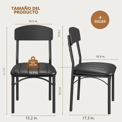 Miniatura 2 de Jocoevol Juego de 4 sillas de comedor tapizadas con piel sintética, sillas de cocina industriales con respaldo de madera y patas de metal gruesas