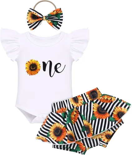 Miniatura 22 de IMEKIS Traje de 1er cumpleaños para bebé niña con estampado de girasol y durazno + pantalones cortos con volantes + diadema para sesión de fotos
