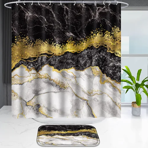 Miniatura 2 de Poedist Juego de 4 cortinas de ducha de baño con borde negro y dorado, juego de baño con cortina de ducha y alfombras