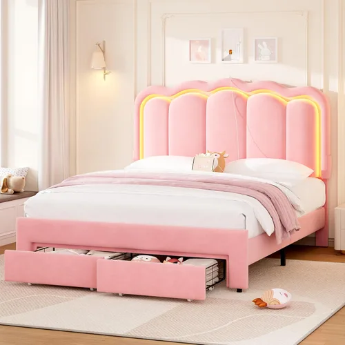 Miniatura 9 de Base de cama LED tapizada tamaño matrimonial con 2 cajones de almacenamiento y cabecera doble ondulada ajustable, cama de plataforma de terciopelo