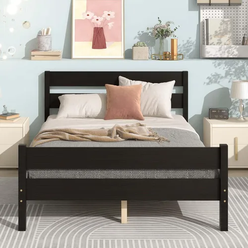 Miniatura 10 de Base de cama de plataforma de madera de tamaño individual con cabecera y estribo de estilo moderno, marco de cama de madera con patas de soporte