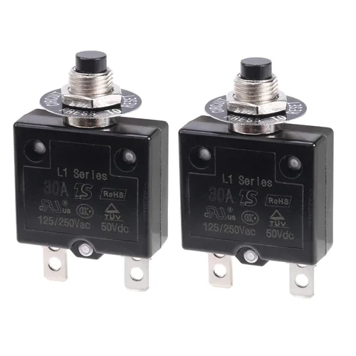 Miniatura 5 de 2 piezas de disyuntor térmico de 3 A, disyuntor de protector térmico de sobrecarga con botón de reinicio manual 32V DC 125/250V AC 3A con cables