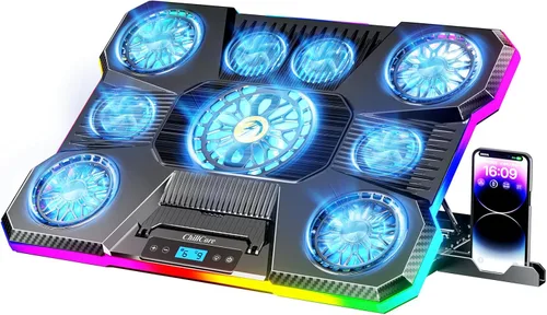 ChillCore Almohadilla de enfriamiento para laptop, enfriador de laptop con luces RGB, 9 ventiladores para laptops de 15.6-19.3 pulgadas, almohadilla