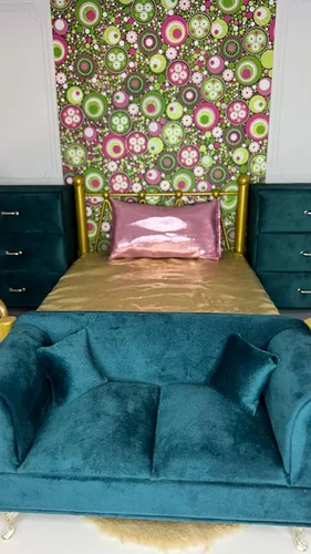 Miniatura 3 de Eledoll 1:6 Muebles para casa de muñecas Sofá de terciopelo verde oscuro pavo real