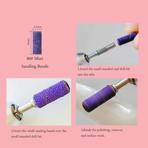 Miniatura 2 de 100 piezas de bandas pequeñas de lijado de uñas para taladro de uñas, bits mini de 3.1mm de mandril de lijado de uñas de grano 80 para uñas
