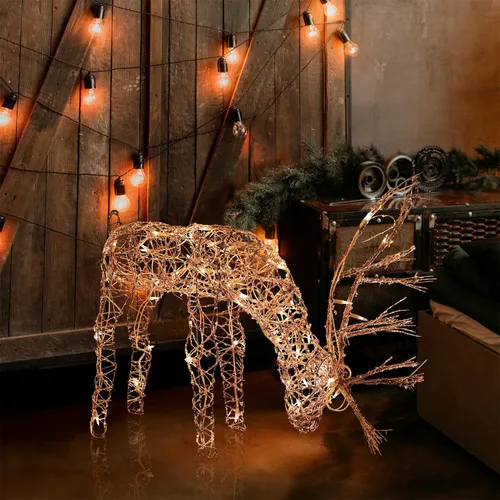 Alpine Corporation Decoración de Césped de Reno Pastando de Ratán para Exteriores de 24 Pulgadas de Alto con Luces LED Blancas, Decoración de Patio
