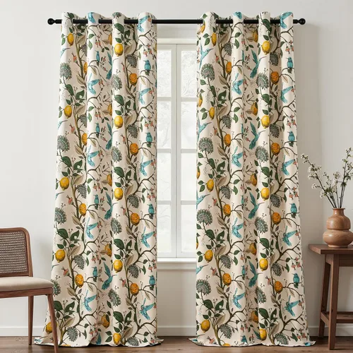 Miniatura 10 de Topfinel Cortinas beige para cocina, 36 pulgadas de largo, diseño botánico floral, colibrí, con ojales, oscurecimiento de habitación, media ventana
