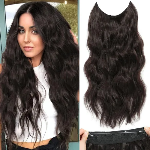 Miniatura 38 de Extensiones de cabello con halo de 12 pulgadas con alambre invisible, cabello largo ondulado ajustable, sintético, mejora con 4 clips de seguridad