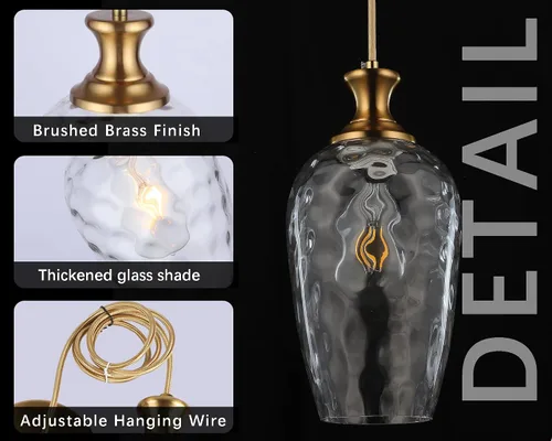 Miniatura 3 de Paquete de 2 luces colgantes de vidrio para isla de cocina, luz colgante dorada vintage, luz colgante de vidrio soplado a mano martillado Oro