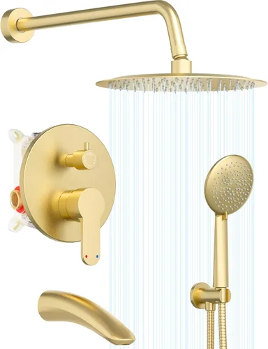 Gabrylly Sistema de ducha con boquilla de bañera, juego de grifo de ducha de bañera con cabezal de ducha de lluvia de 10 pulgadas y ducha de mano de