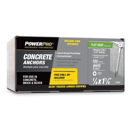 Power Pro Anclajes de tornillo de hormigón de cabeza plana blancos (1/4" x 1-1/4") - 100 piezas