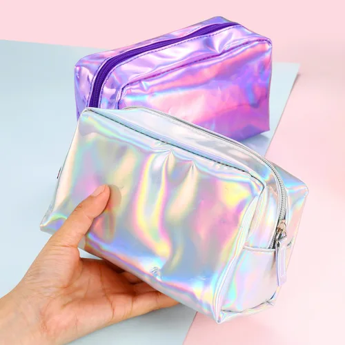 Miniatura 3 de Bolsa de maquillaje holográfica de piel sintética, bolsa de cosméticos, impermeable, organizador de artículos de tocador, bolsa para bolígrafos