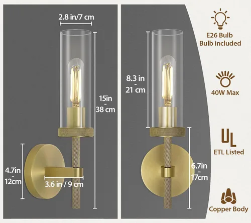 Miniatura 3 de Apliques de pared de latón moleteado para interiores, apliques de tubo de vidrio de 14 pulgadas, apliques de pared dorados para tocador de baño