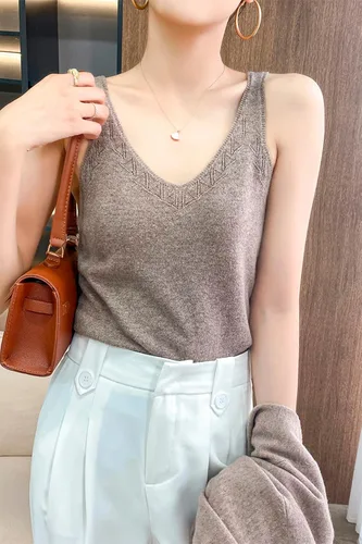 Miniatura 6 de LINY XIN Chaleco de punto con cuello en V para mujer, 100% lana merina, sin mangas, suéter sólido, chalecos clásicos