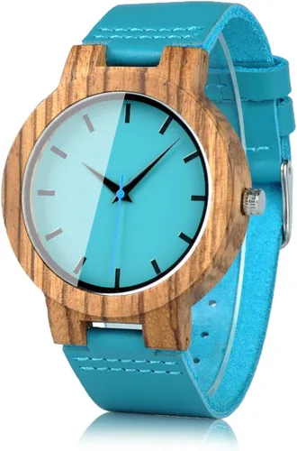 Miniatura 10 de BOBO BIRD Reloj de madera de bambú para hombre y mujer con correa de cuero de vaca azul, relojes casuales para el amor con caja