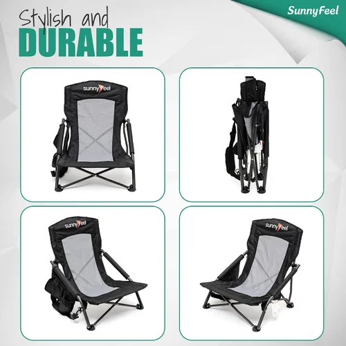 Miniatura 7 de SUNNYFEEL Silla de playa baja plegable para adultos, sillas de camping de playa ligeras portátiles con soporte para tazas, reposabrazos, silla