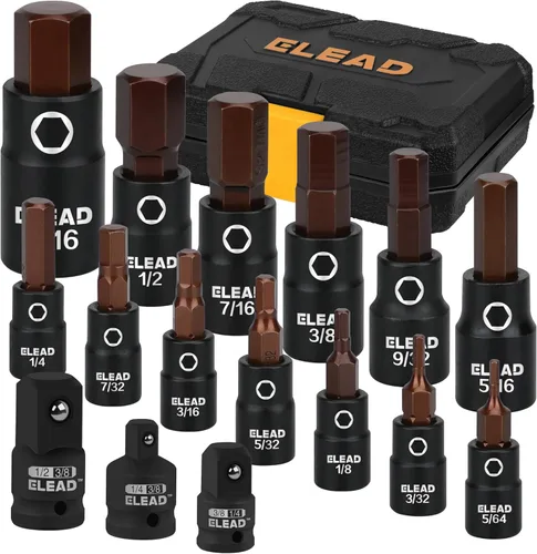 Juego de 16 piezas de enchufe de impacto de broca hexagonal SAE - Juego de enchufe Allen de acero S2 premium de 5/64"-9/16" con adaptadores de