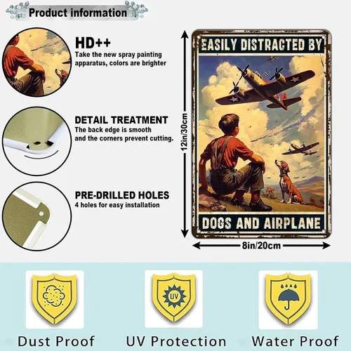 Miniatura 2 de Cartel de avión, póster de metal vintage para habitación de niño, fácil de distraer con perros y aviones, entusiastas militares, arte de pared