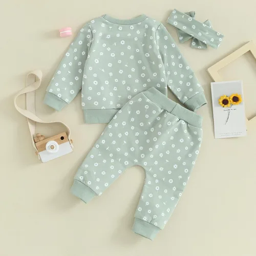 Miniatura 7 de Mandizy Conjunto de ropa de bebé niña otoño 3 6 9 12 18 24 meses sudadera de manga larga y pantalones con estampado floral y diadema