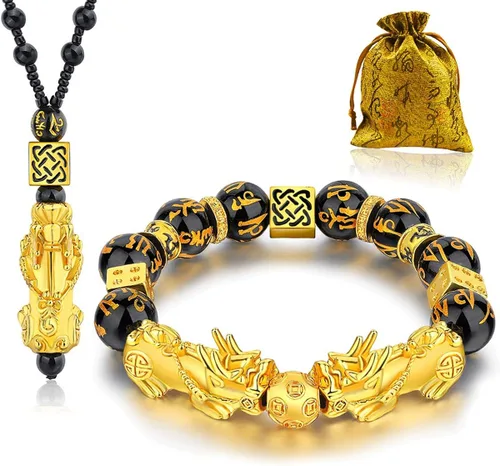 Feng Shui - Juego de pulsera de obsidiana negra Pi Xiu, pulsera Feng Shui para mujeres y hombres, collar de buena suerte Pi Xiu Feng Shui, Metal, no
