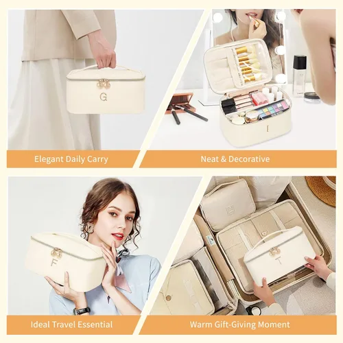 Miniatura 6 de OCHEAL Bolsa de maquillaje personalizada, bolsa de maquillaje beige para mujer, kit de aseo de viaje con monograma, organizador de cosméticos listo