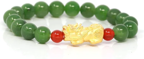 24k Pixiu Charm Natural Nefrita Jade Beads Pulsera de buena suerte 0.315 in para hombres y mujeres Unisex Niños Buena fortuna