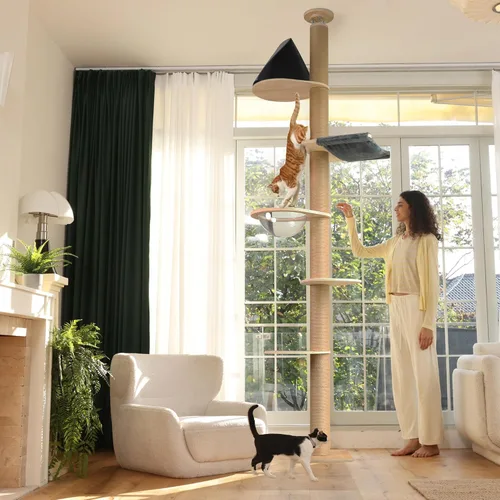 Miniatura 4 de FUKUMARU Árbol para gatos de piso a techo, altura ajustable de 6 niveles (5.7-9.8 pies), torre de escalada con postes de rascado gruesos, centro