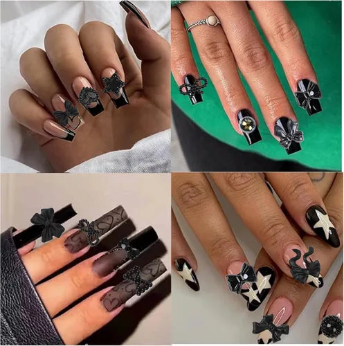 Miniatura 5 de 450 piezas de dijes de uñas de perlas 3D negras de múltiples formas, dijes de perlas planas de COOSLIM, corazones, moños, estilos mixtos, estrellas