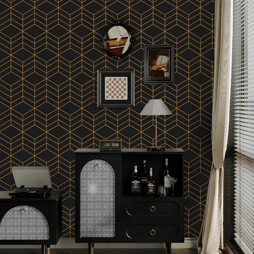 Miniatura 4 de LiKiLiKi Papel tapiz autoadhesivo negro y dorado, diseño geométrico moderno, 17.3 x 118 pulgadas, vinilo decorativo extraíble para cajones