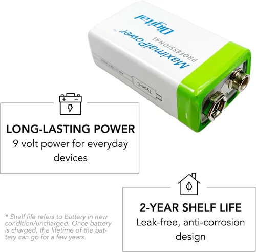 Miniatura 4 de MaximalPower Batería recargable de iones de litio de 9 V de 650 mAh con cable de carga USB tipo C para detectores de humo, alarma digital, pedales