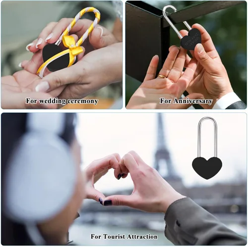 Miniatura 6 de Candado de amor VeYocilk de 3.5" 50mm en forma de corazón, candado de corazón negro para deseos de amor, ideal para bodas, San Valentín