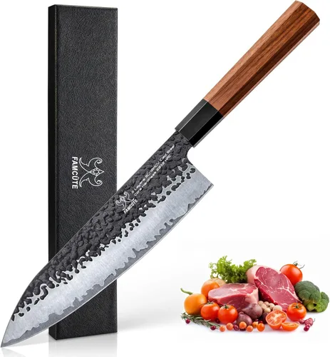 FAMCÜTE Cuchillo japonés de 8 pulgadas, forjado a mano de 5 capas de alto carbono 9CR18MOV de acero con mango de palisandro, cuchillo de cocina