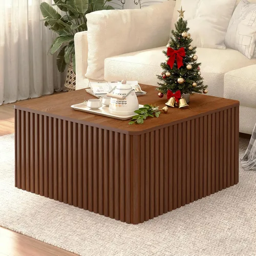 Miniatura 8 de Mesa de centro cuadrada acanalada con almacenamiento, mesa central grande de madera con parte superior de chapa de madera maciza, mesa de centro