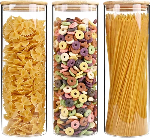 SHOWIN Tarros de almacenamiento de pasta de vidrio de 73 onzas, tarros altos de vidrio con tapas de bambú, contenedor de espagueti, juego de 3,