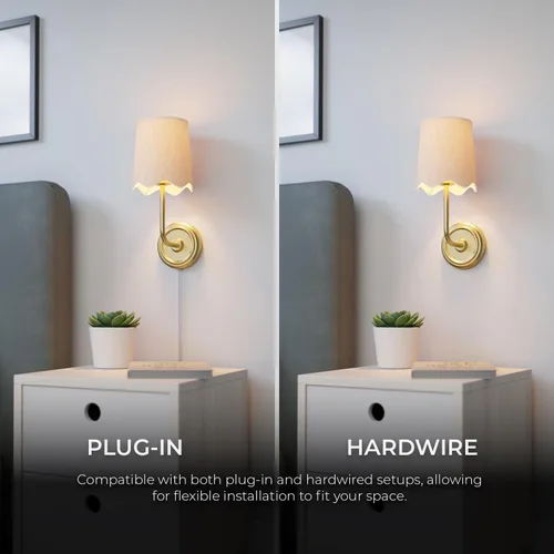 Miniatura 3 de Novogratz x Globe - Aplique de pared de 1 luz, cable rígido o enchufable, latón mate, pantalla de tela blanca, interruptor basculante en línea