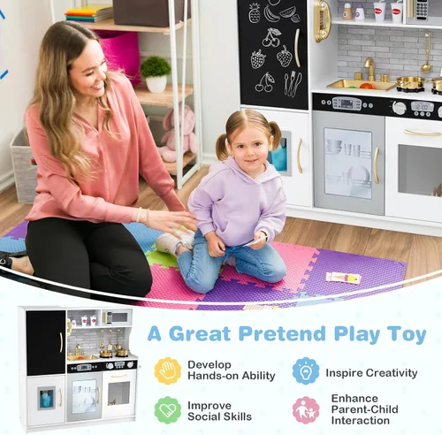 Miniatura 2 de MAT EXPERT Juego de cocina para niños, cocina de juguete de chef de madera con pizarra, máquina de hielo, accesorios de utensilios de cocina
