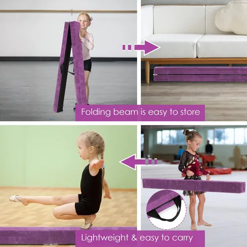 Miniatura 5 de Giantex Haz de equilibrio de 7/8/9 pies, haz de gimnasia plegable con asas de transporte, base de goma antideslizante para niños, haz de gimnasia