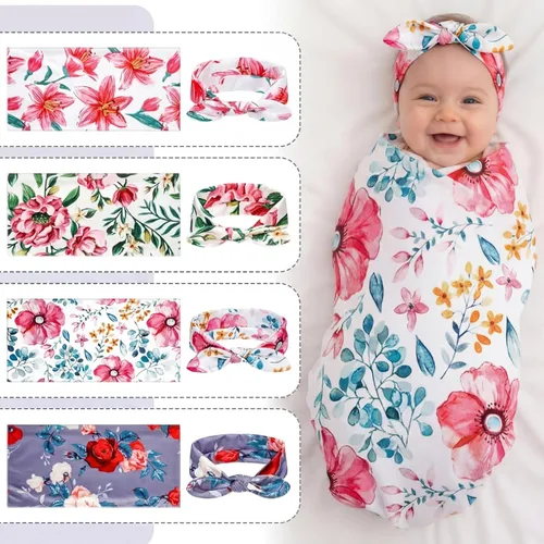 Miniatura 3 de Moukeren 4 juegos de mantas para bebé recién nacido, con diademas para recién nacido, con estampado floral, manta para bebé, saco de dormir
