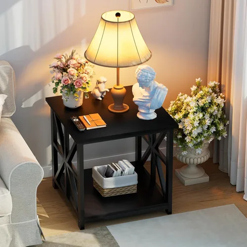 Miniatura 6 de GreenForest - Mesa de noche con estante de almacenamiento de 2 niveles, mesa auxiliar grande de 61 cm para sala de estar, mesita moderna para Negro