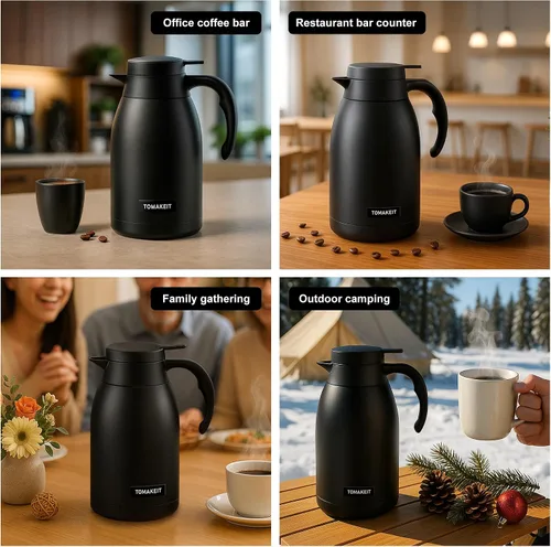 Miniatura 6 de TOMAKEIT Jarra térmica de café de 2L/68 onzas, doble pared al vacío de acero inoxidable 304, termo aislado de acero inoxidable, 24 horas mantiene