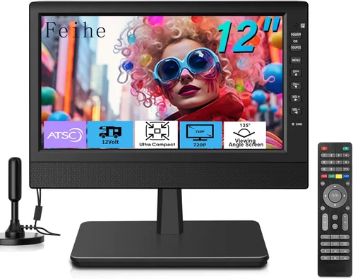 Feihe TV pequeña de 12 pulgadas, TV portátil con pantalla HD, antena, HDMI, AV, puertos USB, sintonizador digital integrado y diseño compacto para