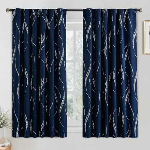 Miniatura 58 de Yakamok Cortinas opacas de 84 pulgadas de largo para sala de estar, con aislamiento térmico, patrón de líneas onduladas doradas, patrón de puntos