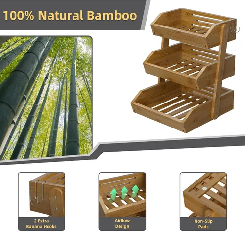 Miniatura 6 de Cesta de frutas de bambú de 2 niveles para encimera de cocina, encimera de almacenamiento de frutas de gran capacidad, soporte para frutas