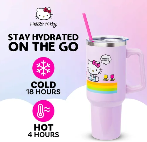 Miniatura 2 de Silver Buffalo - Vaso de acero inoxidable Sanrio Hello Kitty con flores de primavera y verano y rayas arcoíris, con asa y popote, compatible