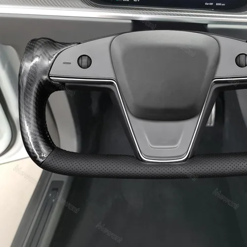 Miniatura 3 de MEWANT Funda para volante de cuero PU cosida a mano y fibra de carbono brillante para Tesla Yoke Modelo S Plaid 2021-2023 / Modelo X 2021-2023 7